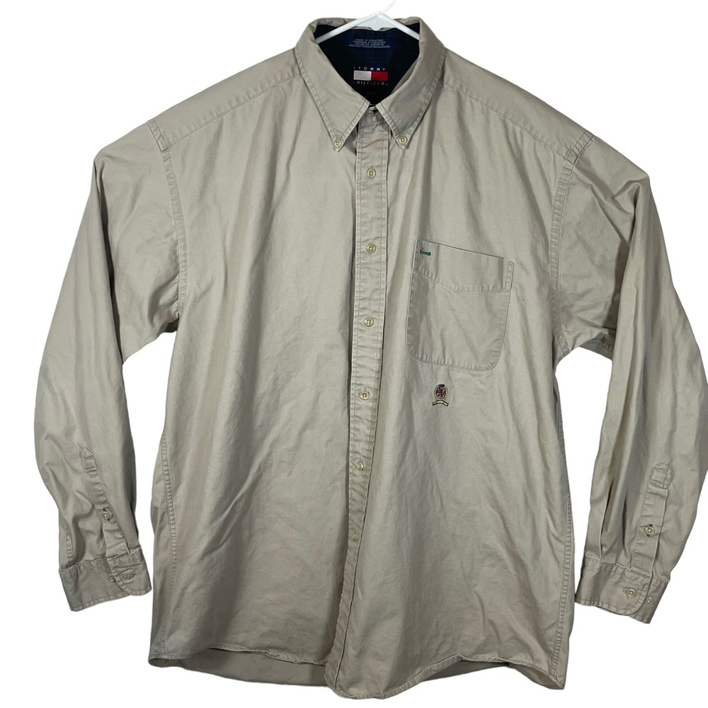 VTG Tommy Hilfiger Shirt Mens Large Tan/Brown Button-Up Long Sleeve Crest Logo